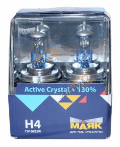 Лампа МАЯК H4 12V 60/55W P43t "Active Crystal" +130% (к-т, 2шт.)